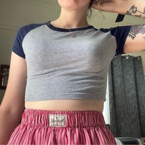 SHEIN Gray and Navy Short Sleeve Crop Top